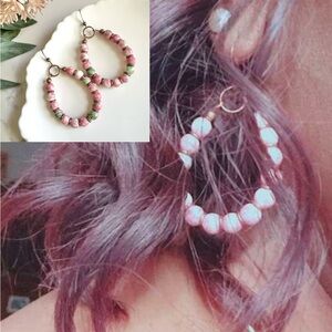 2/$30🌵 Pink & Green Beads Garden Floral Earrings Teardrop Hoop Cottage Boho NEW